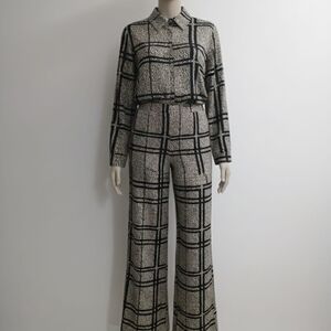 SHEIN Black and White Grid Wide Leg Jumpsuit